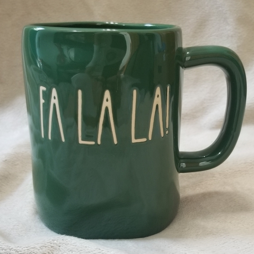 Rae Dunn Fa La La! Christmas Holiday Coffee Mug. Green w/ White Letters. NWT.